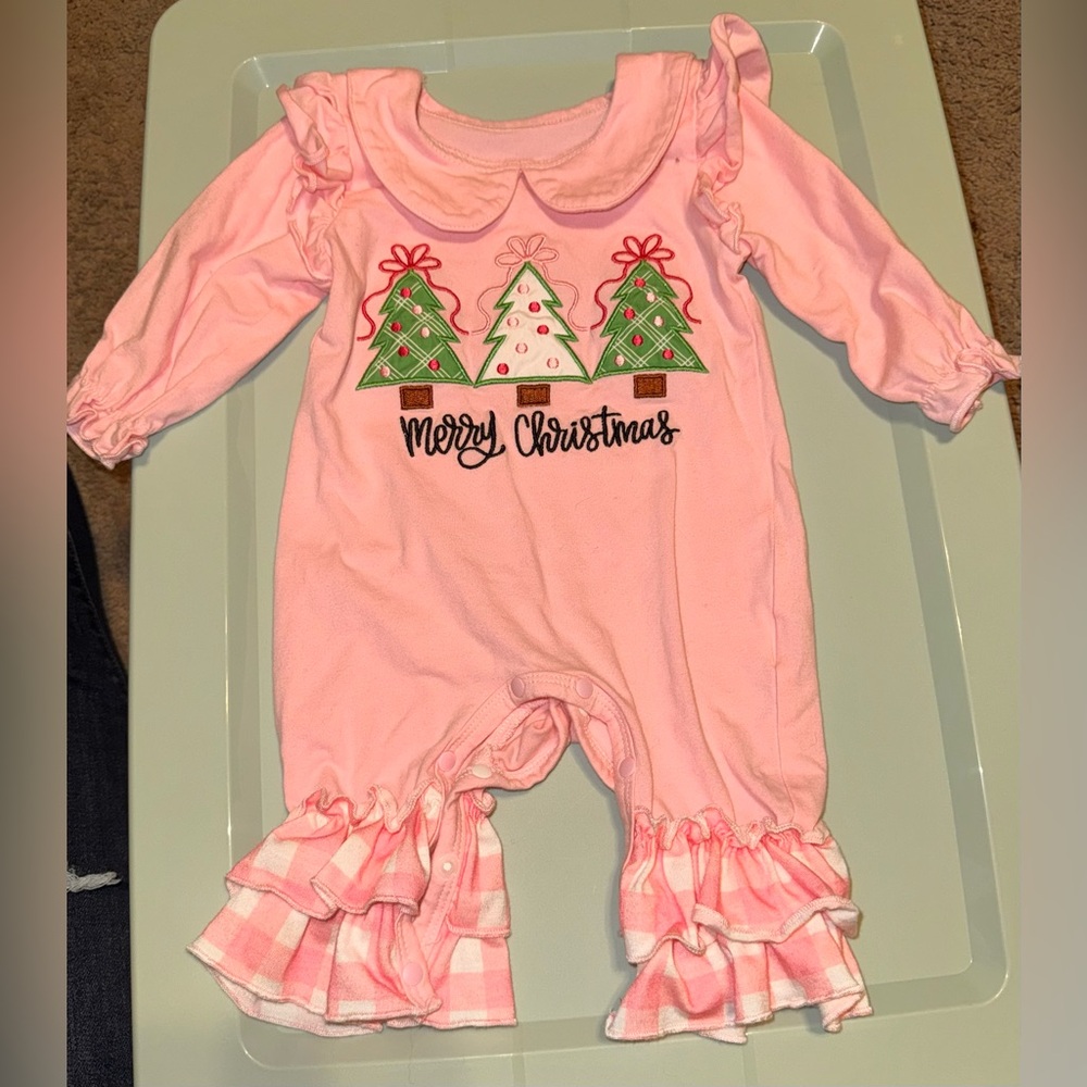 Pink Christmas Baby Romper with Ruffle Details